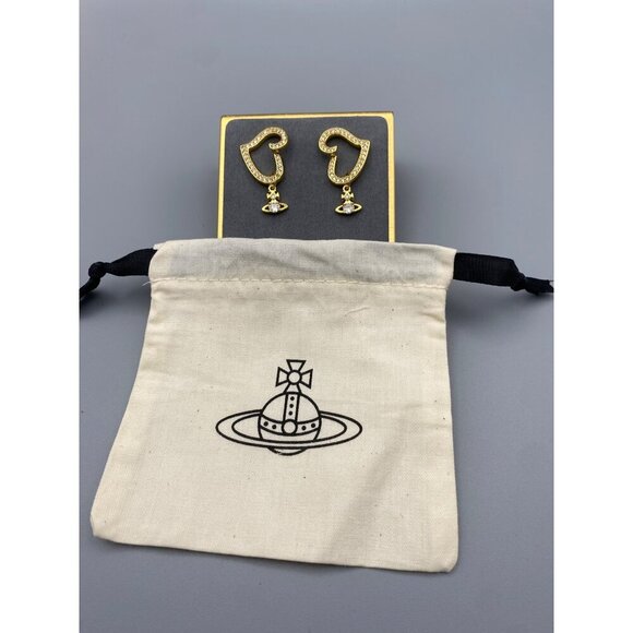 Vivienne Westwood Gold Pave Heart Earrings W/ CZ Orb & Dust Bag - Picture 1 of 5